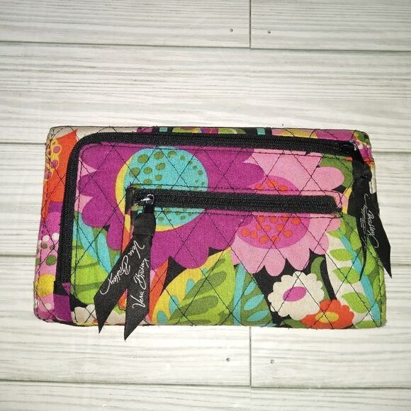 Vera Bradley Euro Wallet Tri-Fold Black with Colorful Flowers Retro Floral - Picture 4 of 9